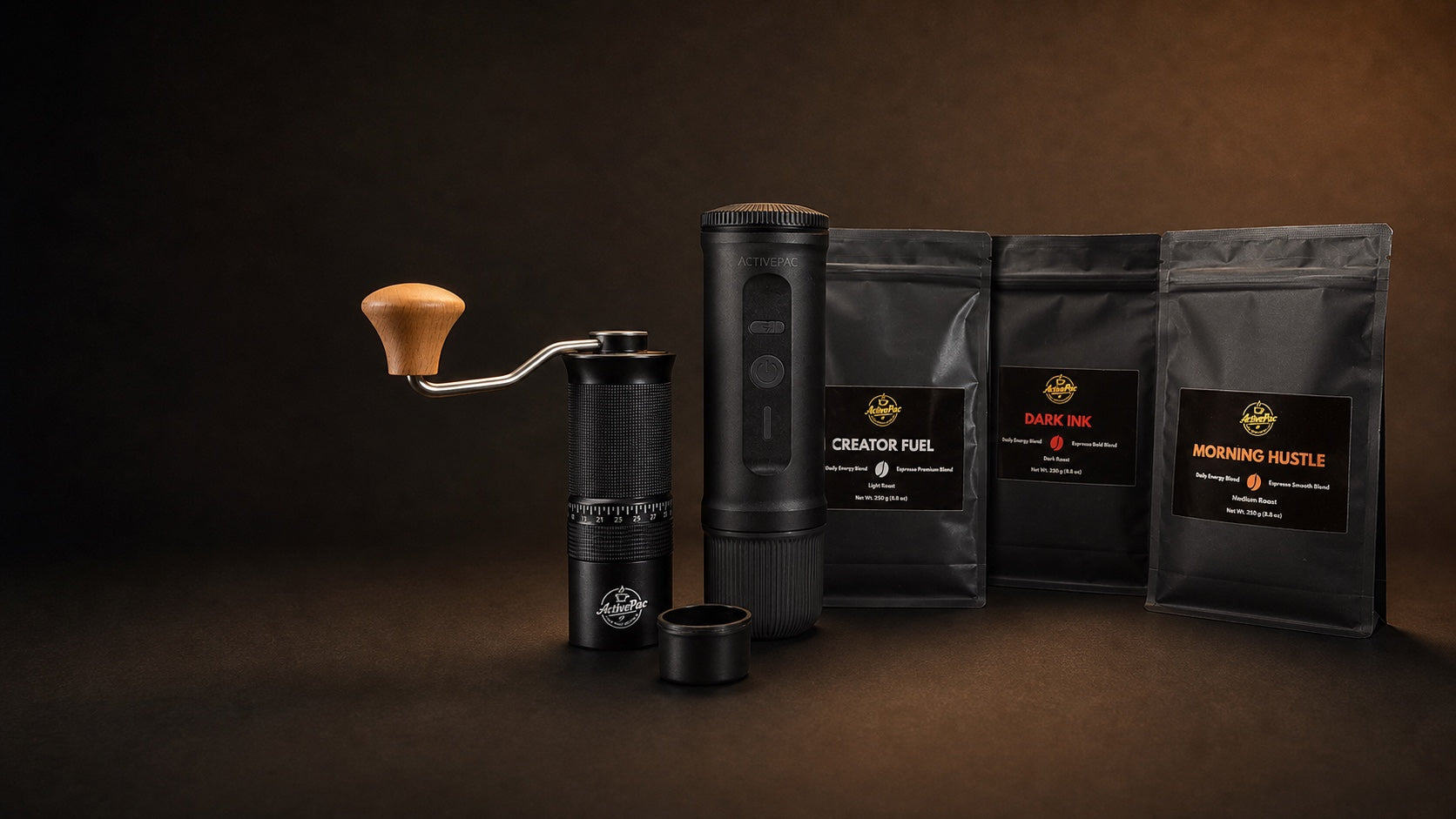 ActivePac Espressomaschine, Kaffeemühle und drei Kaffeesorten